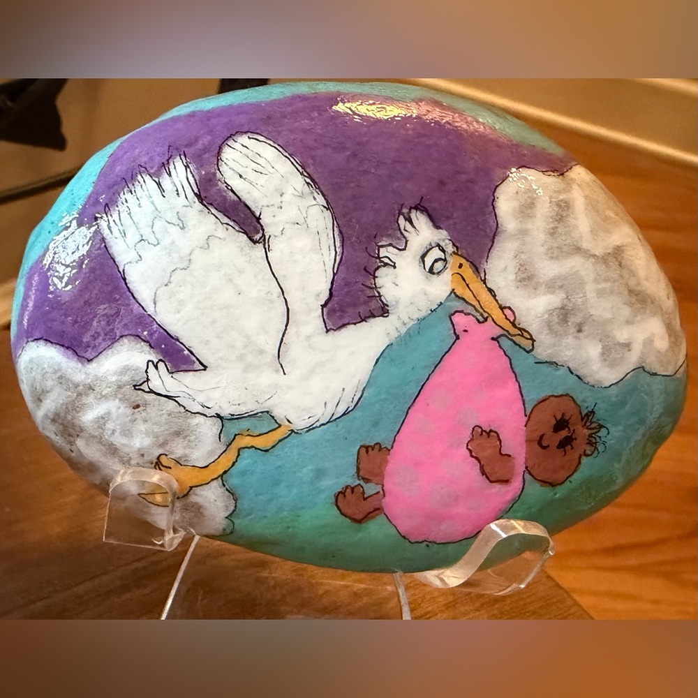 Hand-Painted Stork and Baby Themed Rock Art - Picture 2 of 5